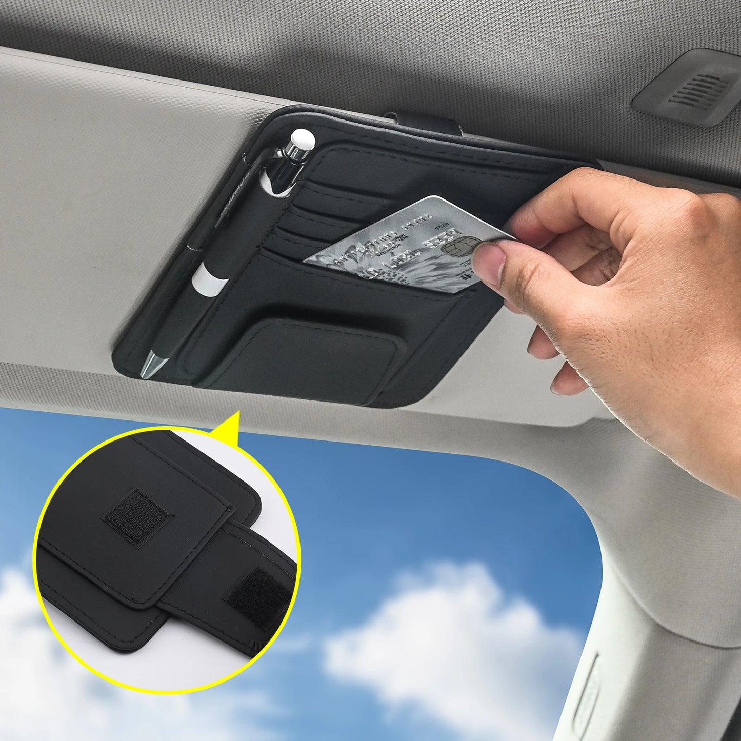Organizador de visera para coche, bolsa multi-bolsillo, tarjetero, gafas, soporte de almacenamiento, resistente a los arañazos, soporte de visera automático para interior de coche