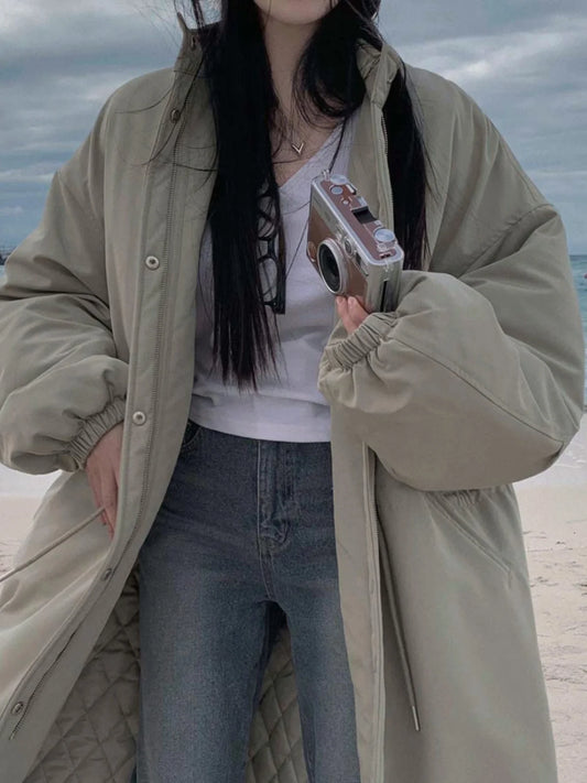 Chic women's long cotton coat, warm, Korean style, loose fit, with drawstring, ideal for work and daily commutes