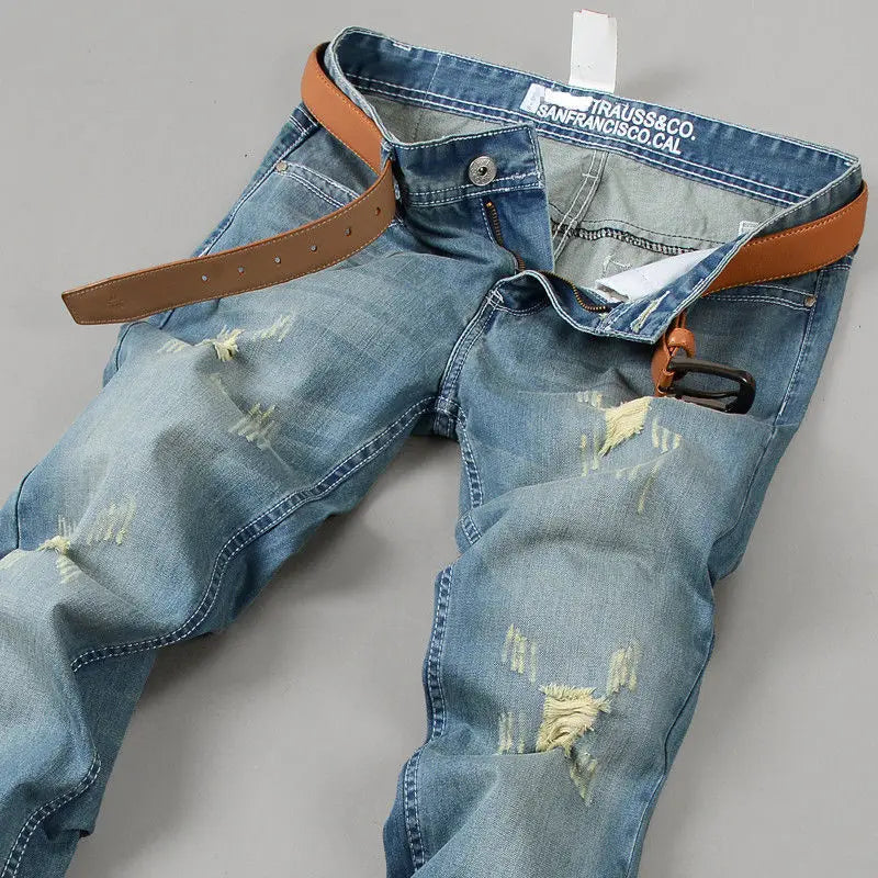 Otoño invierno Vintage Casual Loose Jeans Hombre Tendencia Moda Agujero Todo-fósforo Pantalones de mezclilla rectos Pantalones masculinos Ropa de hombre