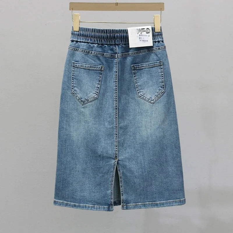 Falda coreana de talla grande 5XL de mezclilla, maxi falda de primavera verano para mujer, faldas largas de jean con cordones, falda vaquera de media longitud con línea A para mujer