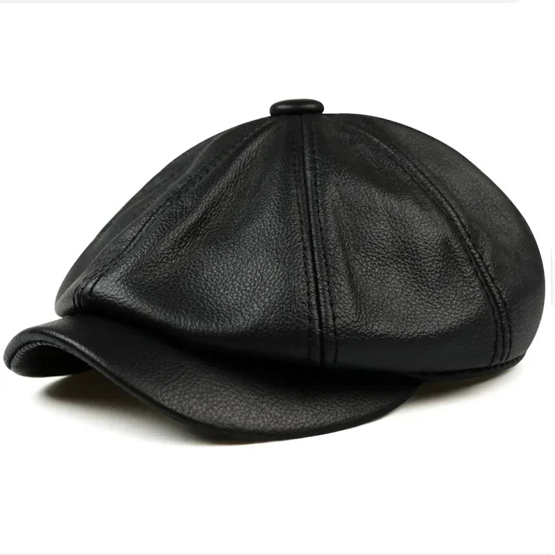 Men's Retro Brown Hats, Warm Genuine Leather Cap, Painter Beret, High-Quality Cowhide Octagonal Boina, Spring/Winter 100%