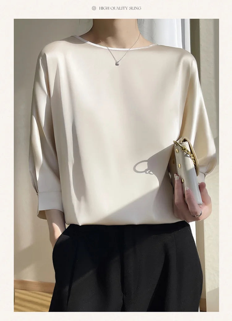 Nouveauté 2026 – T-shirt basique en satin de soie à manches courtes pour femme, col rond, coupe décontractée et légère, chemisier ample pour femme