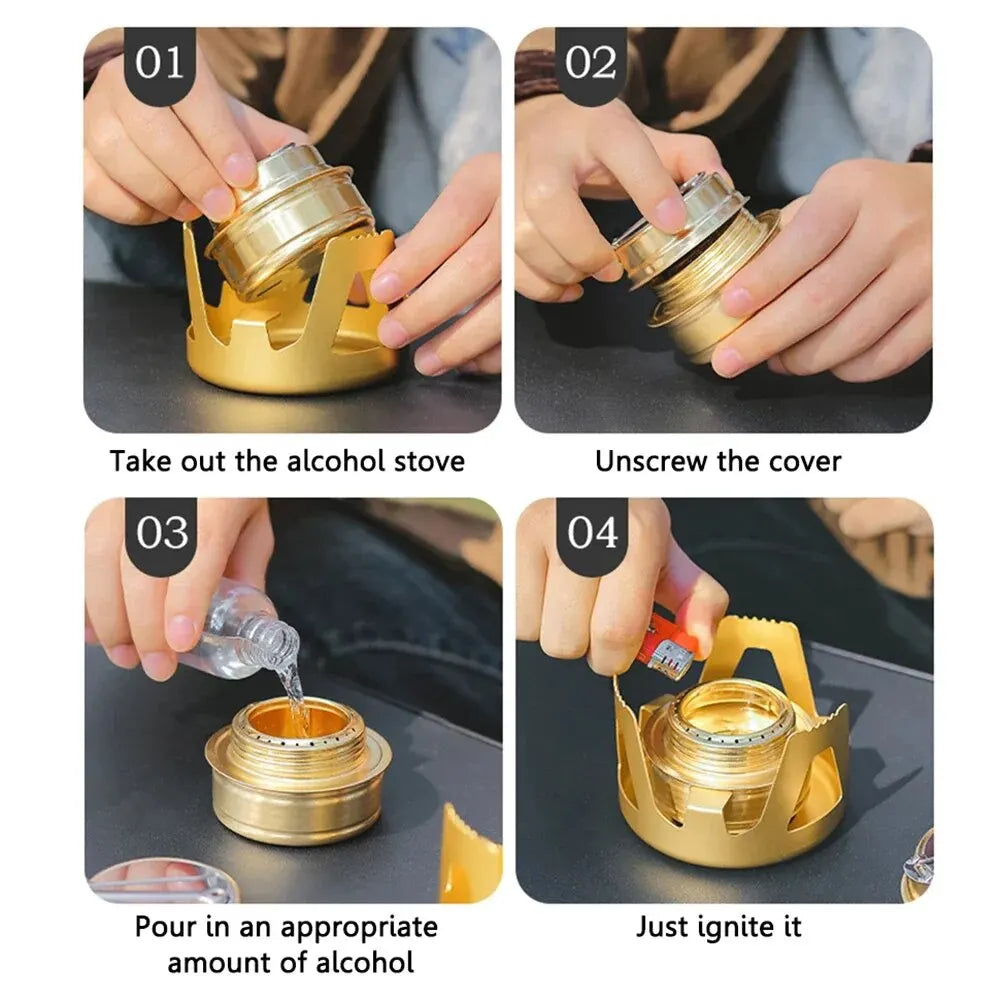 Mini poêle à alcool Portable, brûleur à puissance de feu réglable, poêle à essence, support en alliage d'aluminium, poêles de Camping en laiton ultralégers