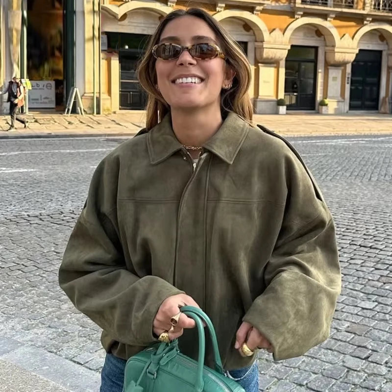 HXAO femmes Bomber veste revers fermeture éclair manches longues veste en daim femmes 2025 haute rue recadrée vestes de course manteaux vêtements d'extérieur