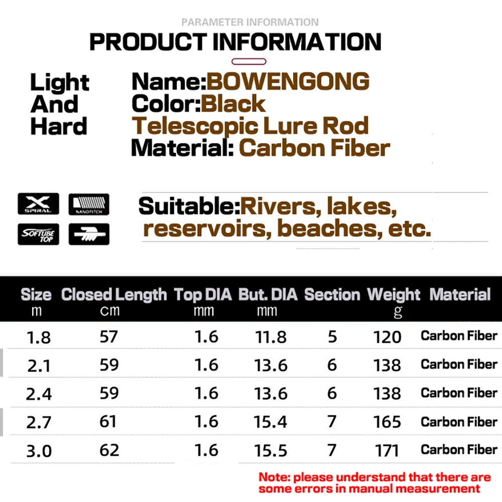 1.8M 2.1M 2.4M 2.7M 3.0M canne à pêche télescopique Portable en Fiber de carbone filature/coulée canne à poisson matériel