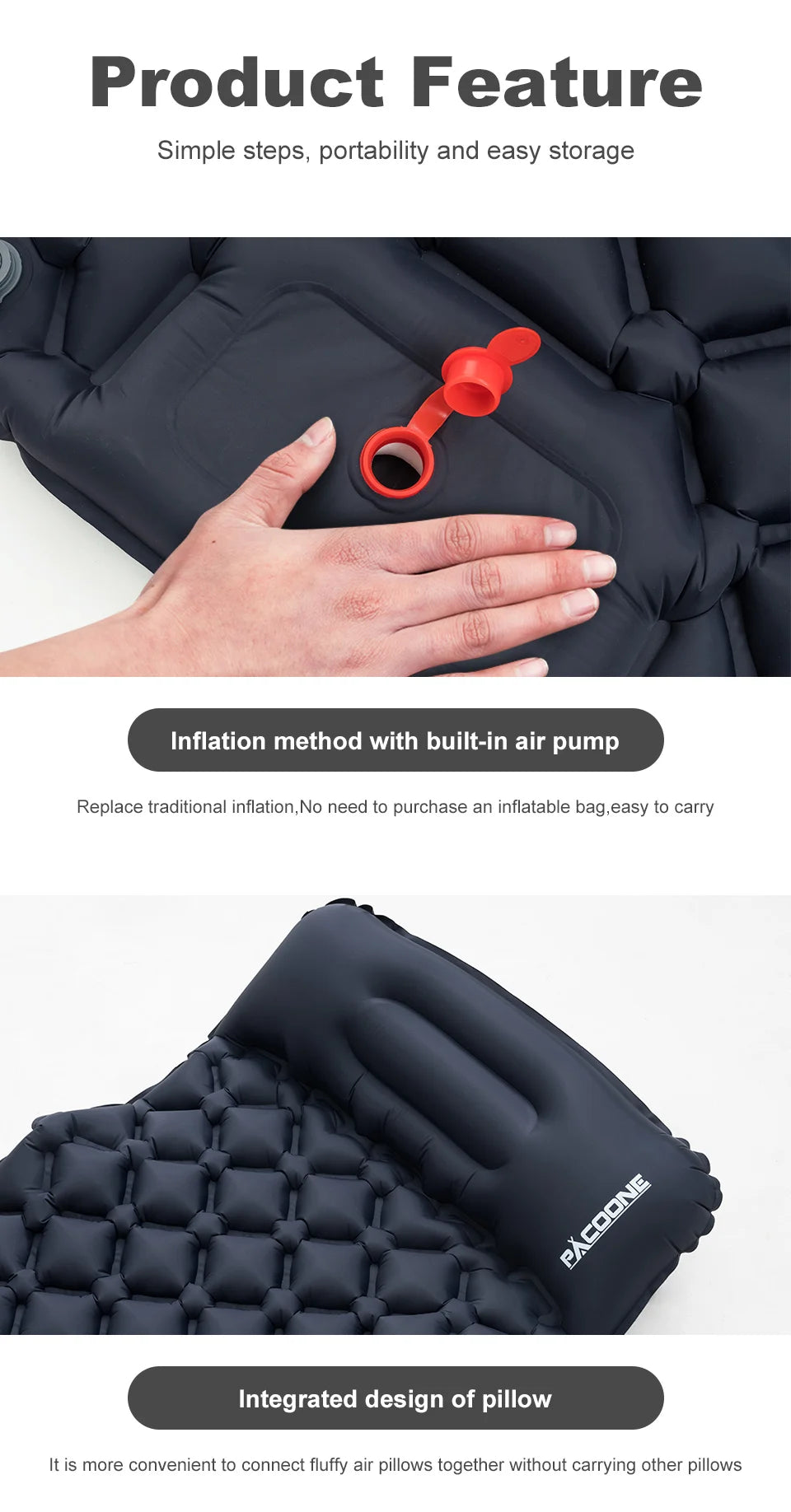 Camping en plein air Gonflable Matelas Couchage Pad Avec Oreillers Ultra Léger Air Mat Intégré Gonfleur Pompe Randonnée