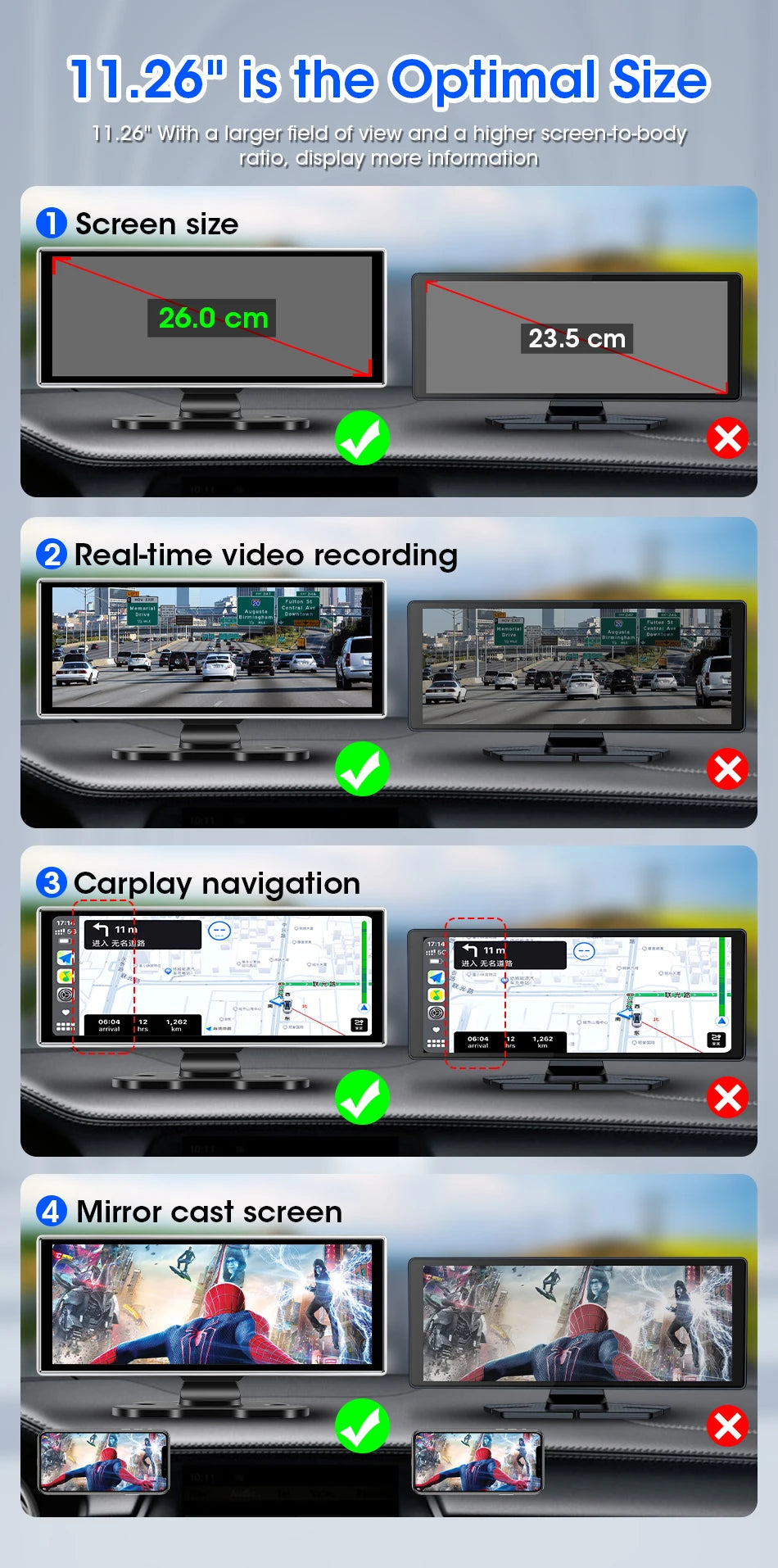 10/11.26 pulgadas Dash Cam 4K coche DVR inalámbrico Carplay y Android Auto GPS Navegación grabadora de vídeo de salpicadero doble lente Wifi FM AUX