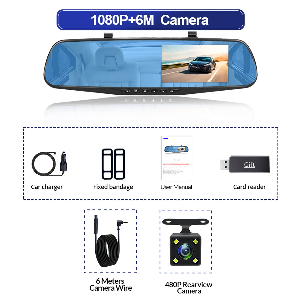 E-ACE Dashcam coche Dvr espejo de 4,3 pulgadas FHD 1080P cámara de doble lente opcional DVR espejo retrovisor Dash cámara grabadora de vídeo automática