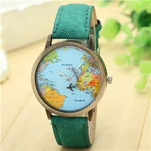 2022 World Fashion World Map Plane Denim Fabric Band Casual Men Women Quartz Watch Gift Clocks Relógio