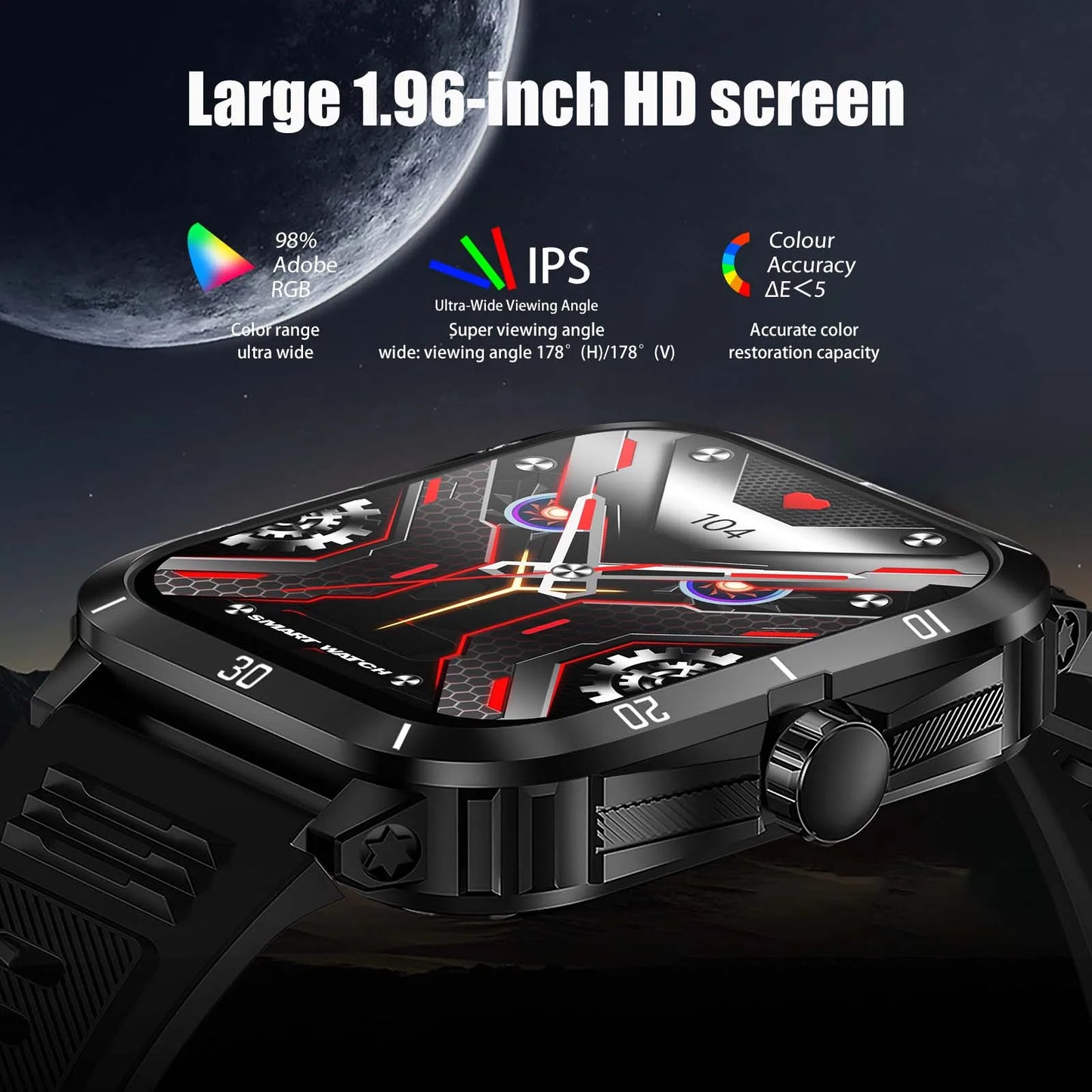 EIGIIS Reloj inteligente 3ATM impermeable 1.96" IPS militar KT71 para hombres 100+ modos deportivos Ritmo cardíaco Presión arterial Llamada Bluetooth