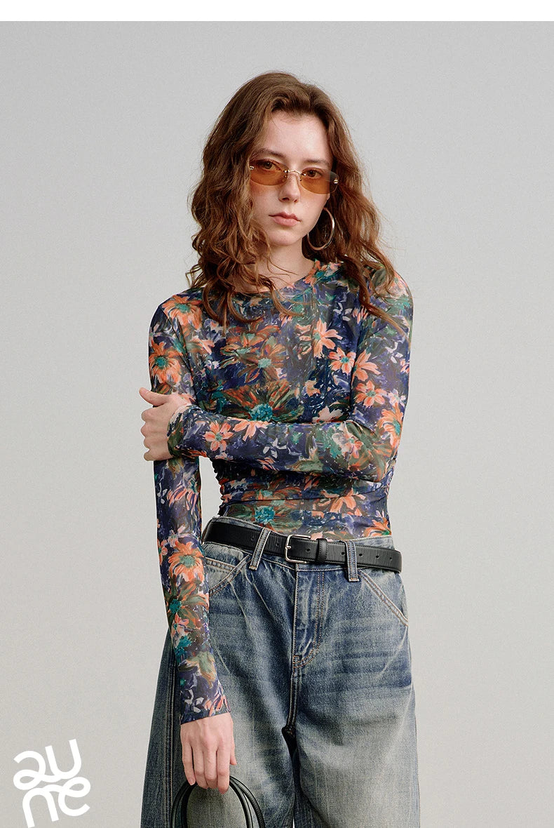 T-shirt femme en maille imprimé 2026 — printemps, taille découpée, Y2K, hauts courts
