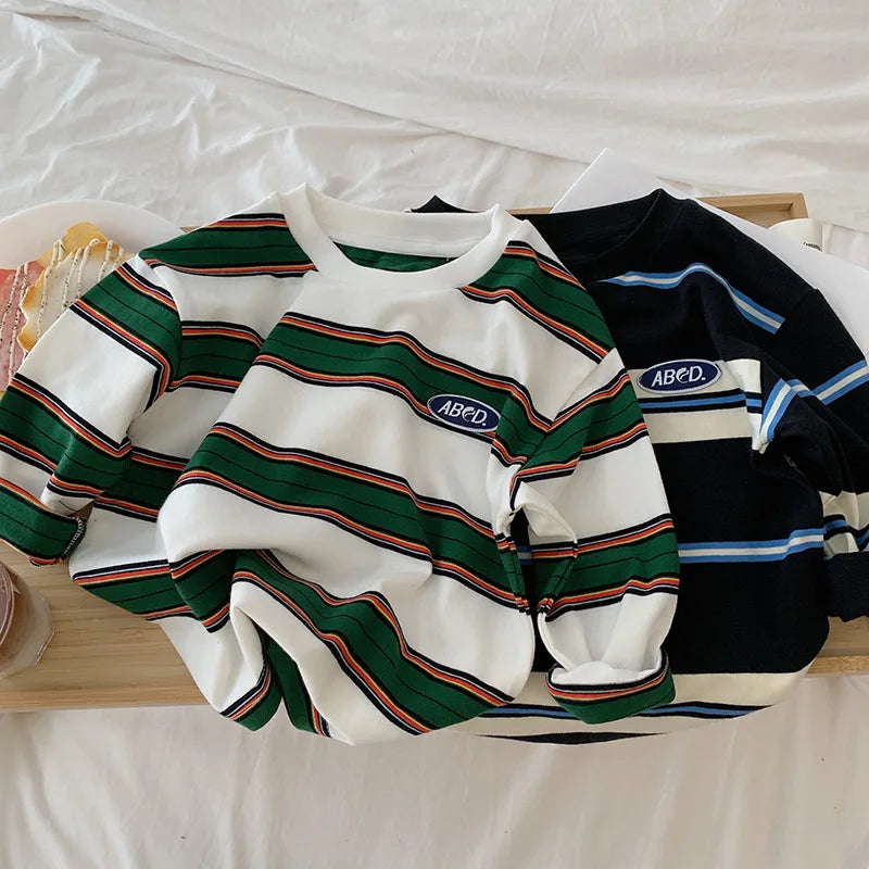 2025 otoño ropa de niños niñas manga larga camisetas básicas niños Cool raya algodón camiseta adolescente suelta casual 2-7 años top infantil