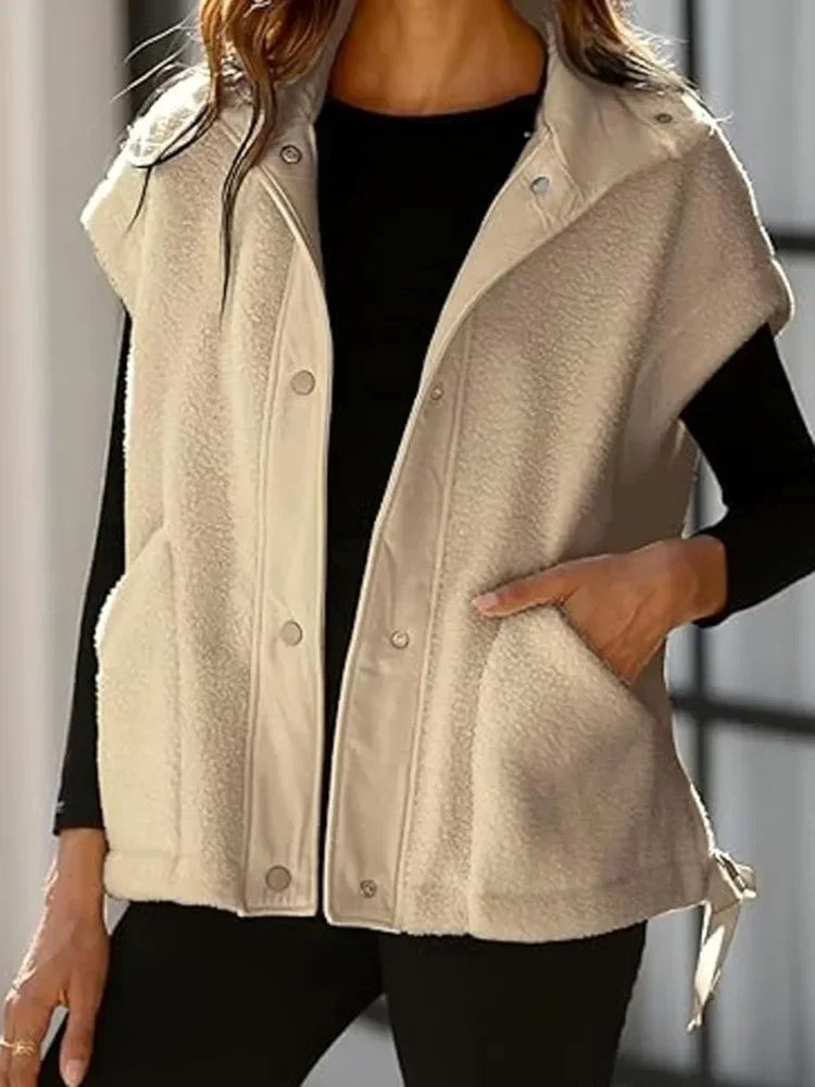 Chaleco polar de felpa para mujer, de talla grande, sin mangas, Sherpa, cálido, con botones, prendas de abrigo con bolsillos