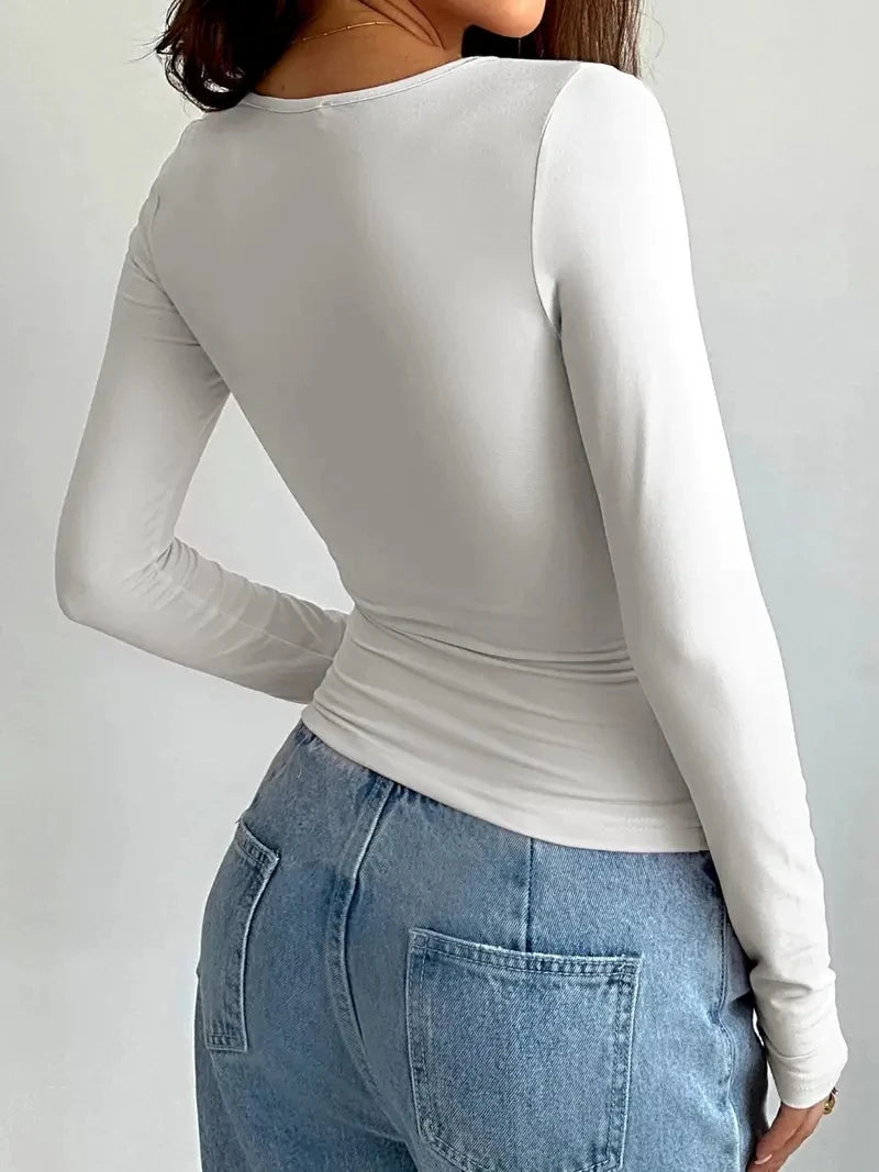 T-shirt décontracté à col rond uni et manches longues pour l'été 2026, idéal printemps et automne, vêtements pour femmes