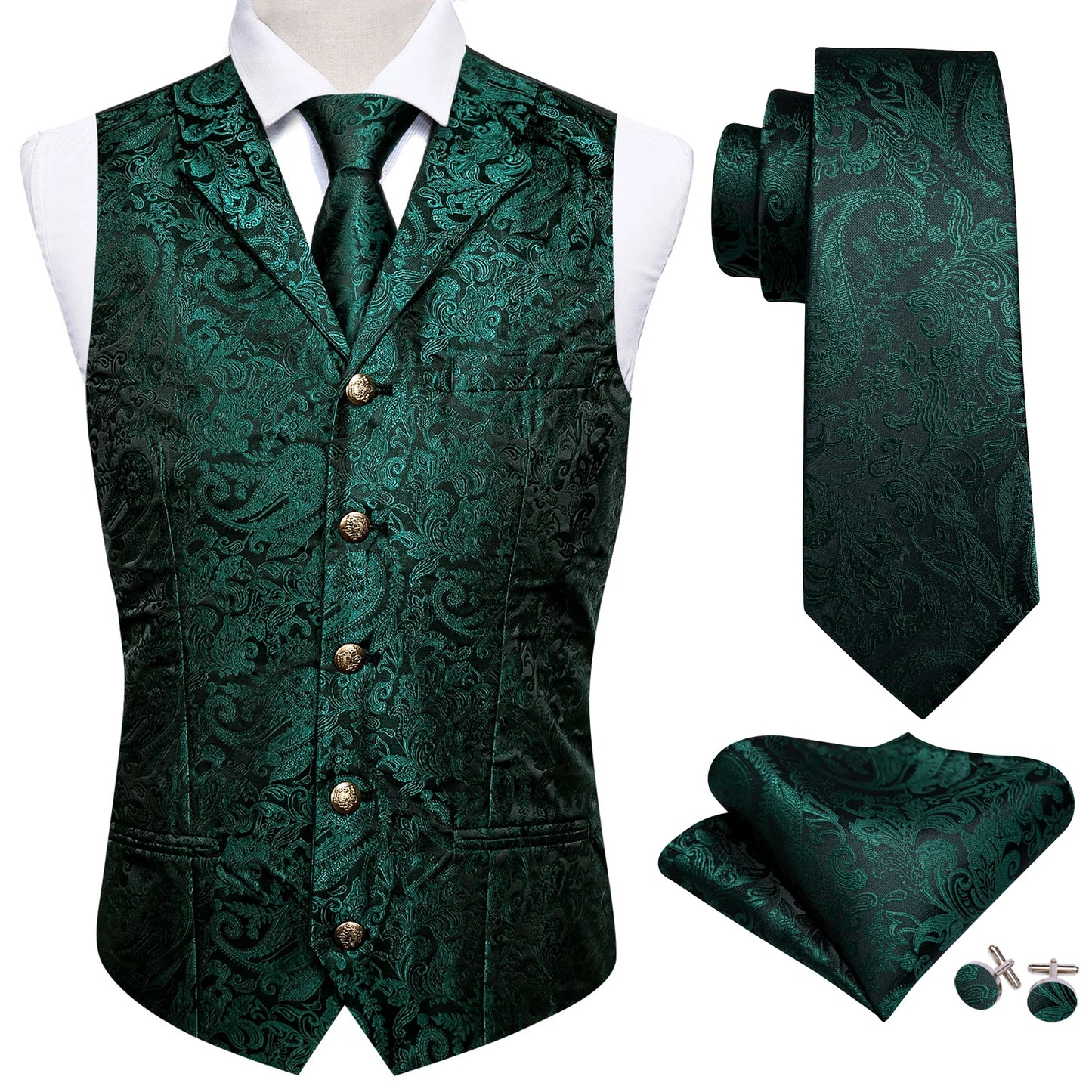 Lujo para hombre, conjunto de chaleco verde Paisley Floral Slim, para hombre, chaleco de vestir sin mangas, formal de trabajo, con corbata y pañuelo, de Barry Wang
