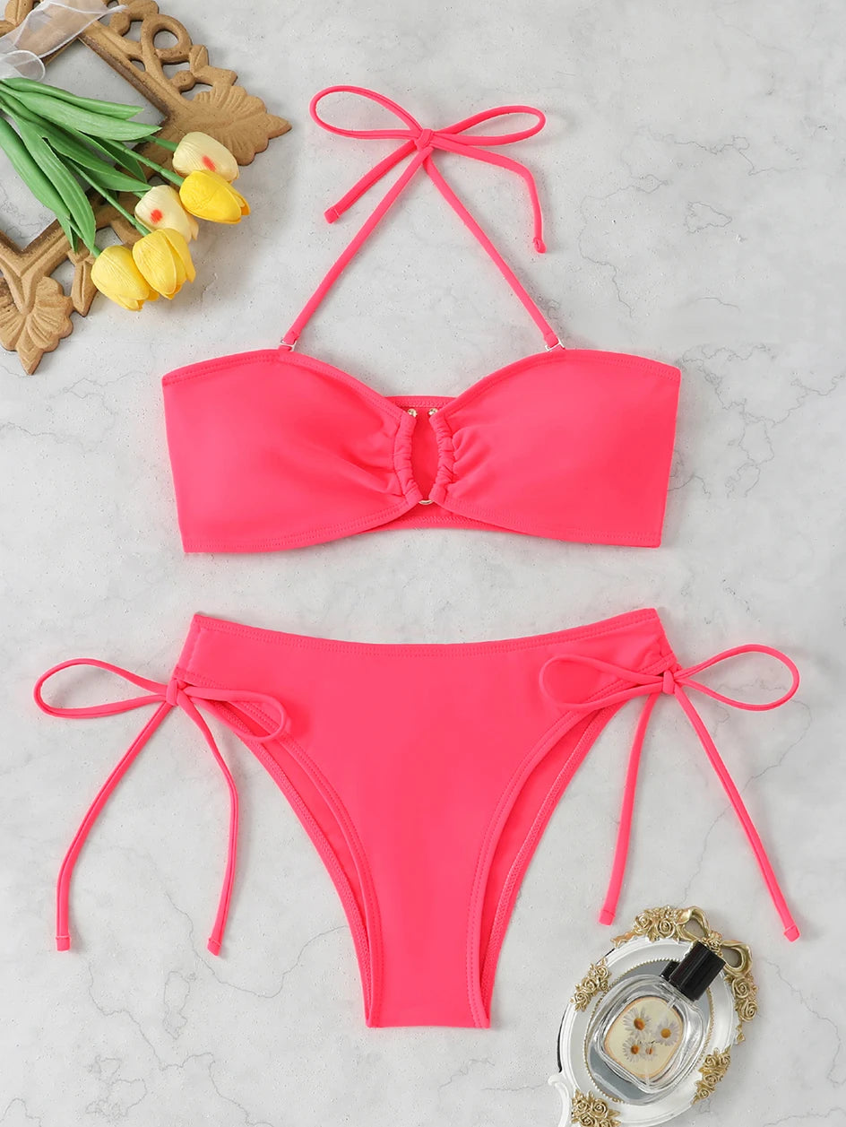 Maillot de bain bikini taille haute pour femme 2026, maillots de bain noués, maillots de bain femme, bandeau push-up, ensembles de bikinis, vêtements de plage brésiliens
