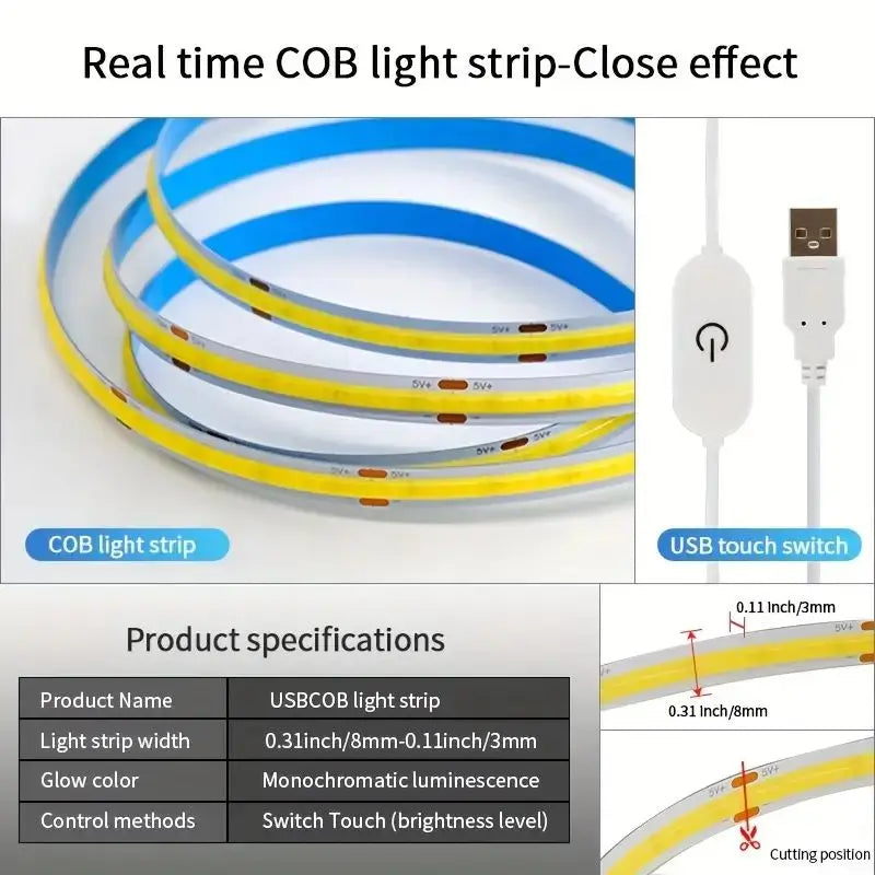 Bande Lumineuse LED COB Tactile, Gradateur Flexible, Ruban à Diodes, USB, Linéaire, Éclairage Nik, Lampe, Salle, Bricolage, TV, Miroir, Rétro-Éclairage, Décoration Murale, 5V