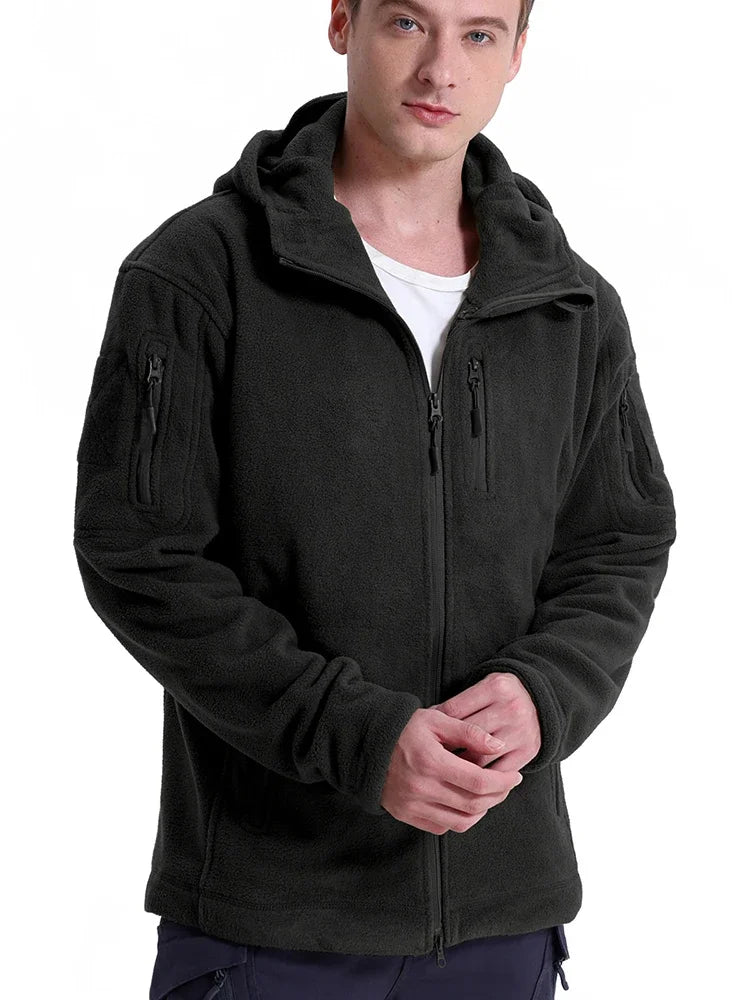 Veste polaire de chasse pour hommes, veste tactique polaire d'extérieur, randonnée, chasse, hiver, chaud, fermeture éclair complète, sweat à capuche militaire multi-poches