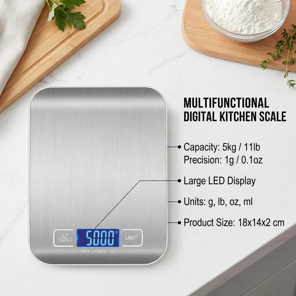 Digital Kitchen Scale with LED Display, 5 kg/1 g Stainless Steel, Electronic Weighing for Food, Jewelry, Snacks, Baking, Kitchen Tools