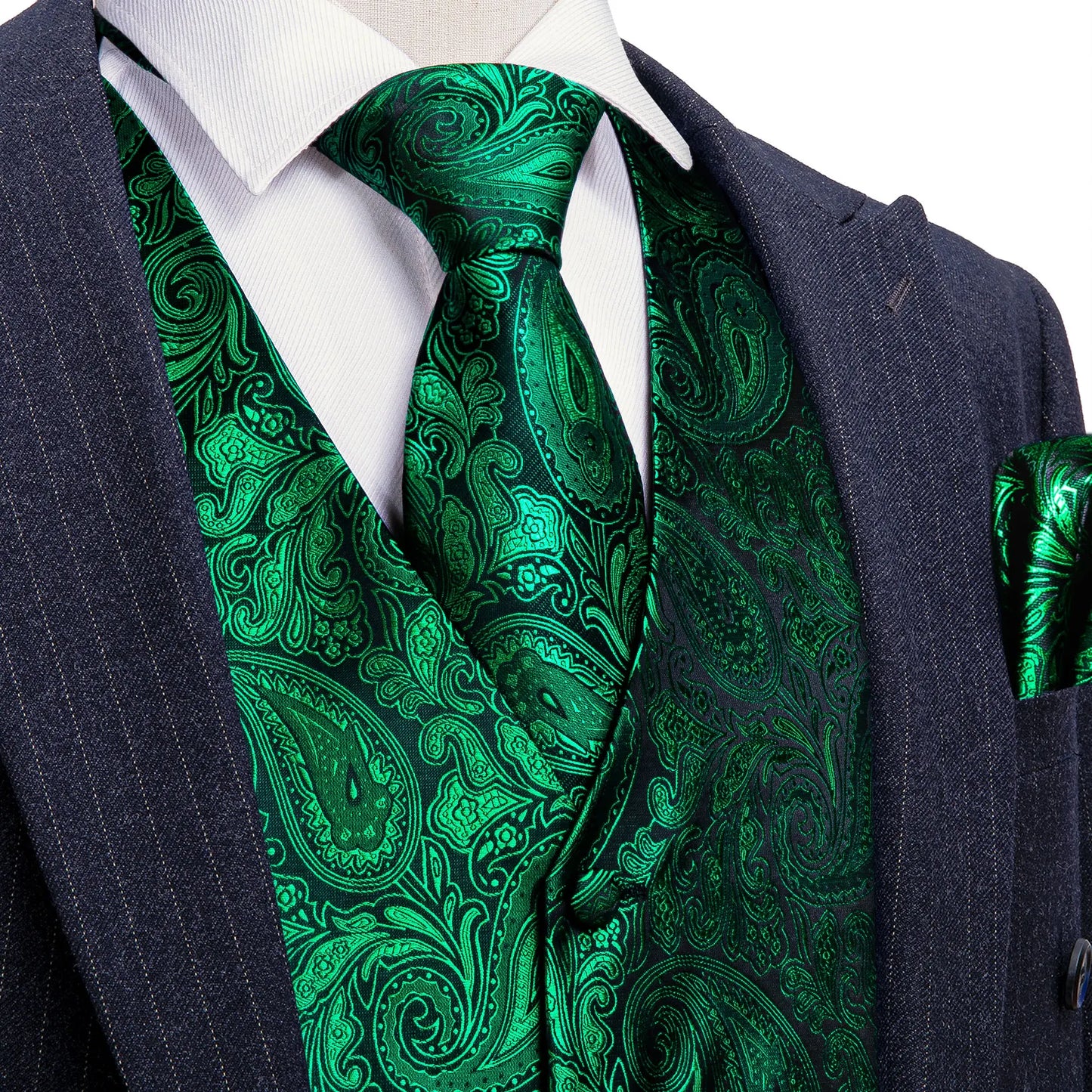 Lujo para hombre, conjunto de chaleco verde Paisley Floral Slim, para hombre, chaleco de vestir sin mangas, formal de trabajo, con corbata y pañuelo, de Barry Wang