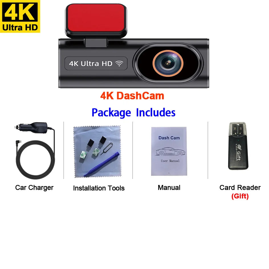 Ultra HD Dash Cam, 4K Loop Recording, Optional 24H Parking Monitoring, 1080P Night Vision, Rear Camera, Supports WiFi App Control