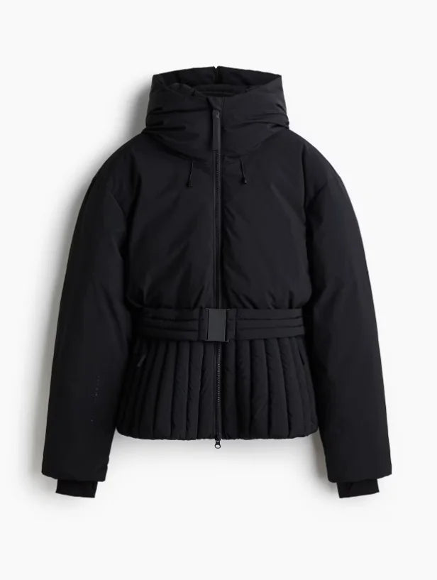 Women's Chic Hooded Cotton Coat with Belt, Casual Long Sleeve Stand Collar Zipper Short Ski Outerwear, Winter Sports Puffer Jacket, 2026