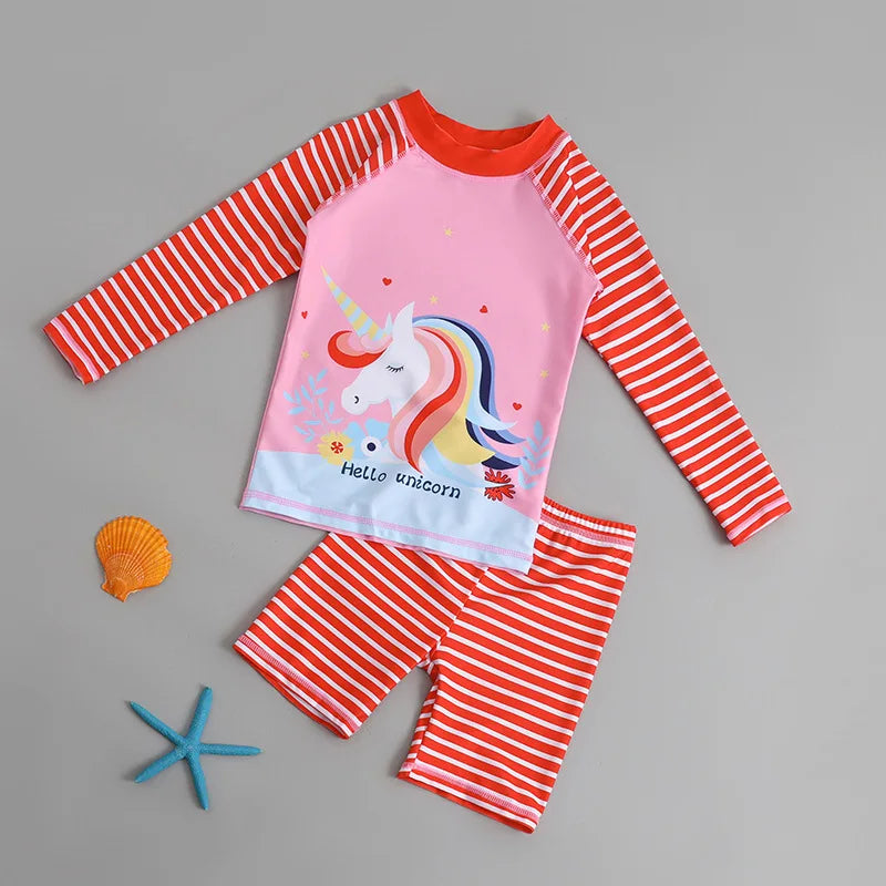 Garçons filles dessin animé mignon maillots de bain printemps été plage vêtements ensemble Protection solaire à manches longues maillots de bain enfants maillot de bain