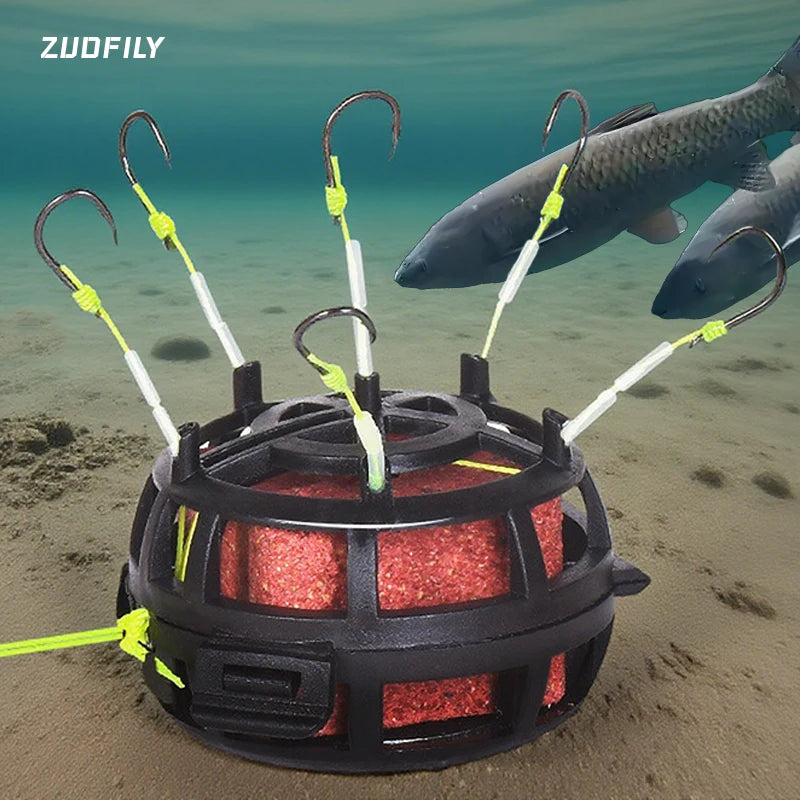 Inverted Bottom Bait Cage, String Hook, Anti-Bottom Fishing Bait Cage, 6 Hooks, PE Line, Group Feeder, Sinkers, Freshwater Fishing