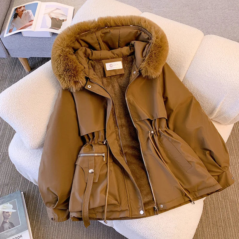 Abrigo de plumón con capucha y forro Smile para mujer, cálido abrigo de invierno, parkas acolchadas Wstring, streetwear informal coreano, ropa de abrigo femenina