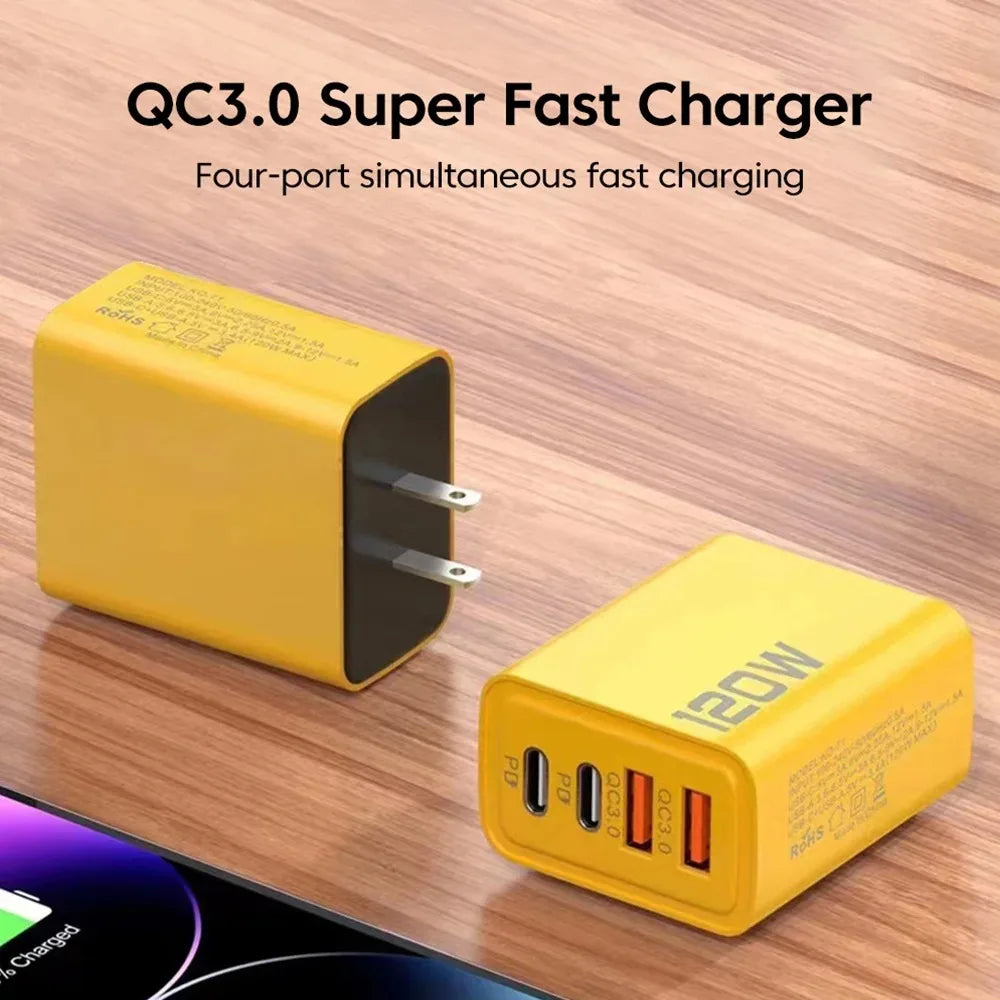 Cargador rápido USB de 120W en total, 4 puertos PD, carga rápida USB 3.0, tipo C, enchufe universal de pared para UE, EE. UU., Reino Unido, adaptador de carga USB C.