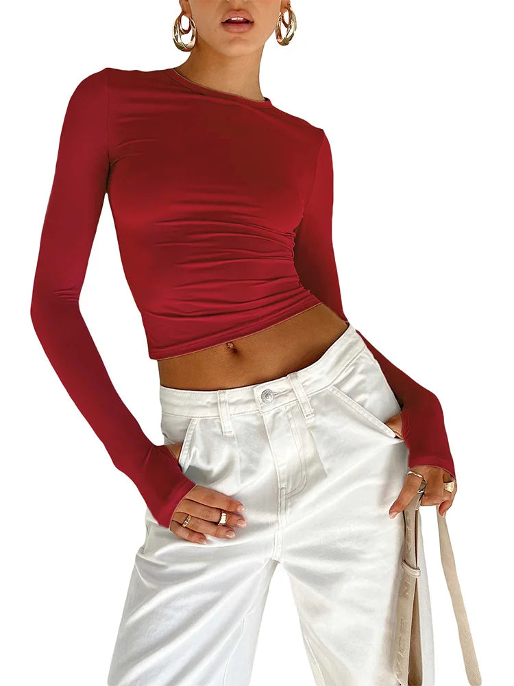 Haut Court Femme Manches Longues Trous Pouces — Streetwear Coupe Ajustée