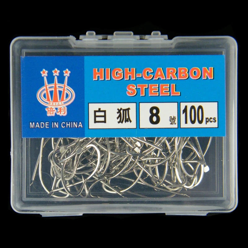 100pcs Barbed Silver High Carbon Steel Hooks for Fishing White Fox, Pelteobagrus Fulvidraco and Striped Catfish