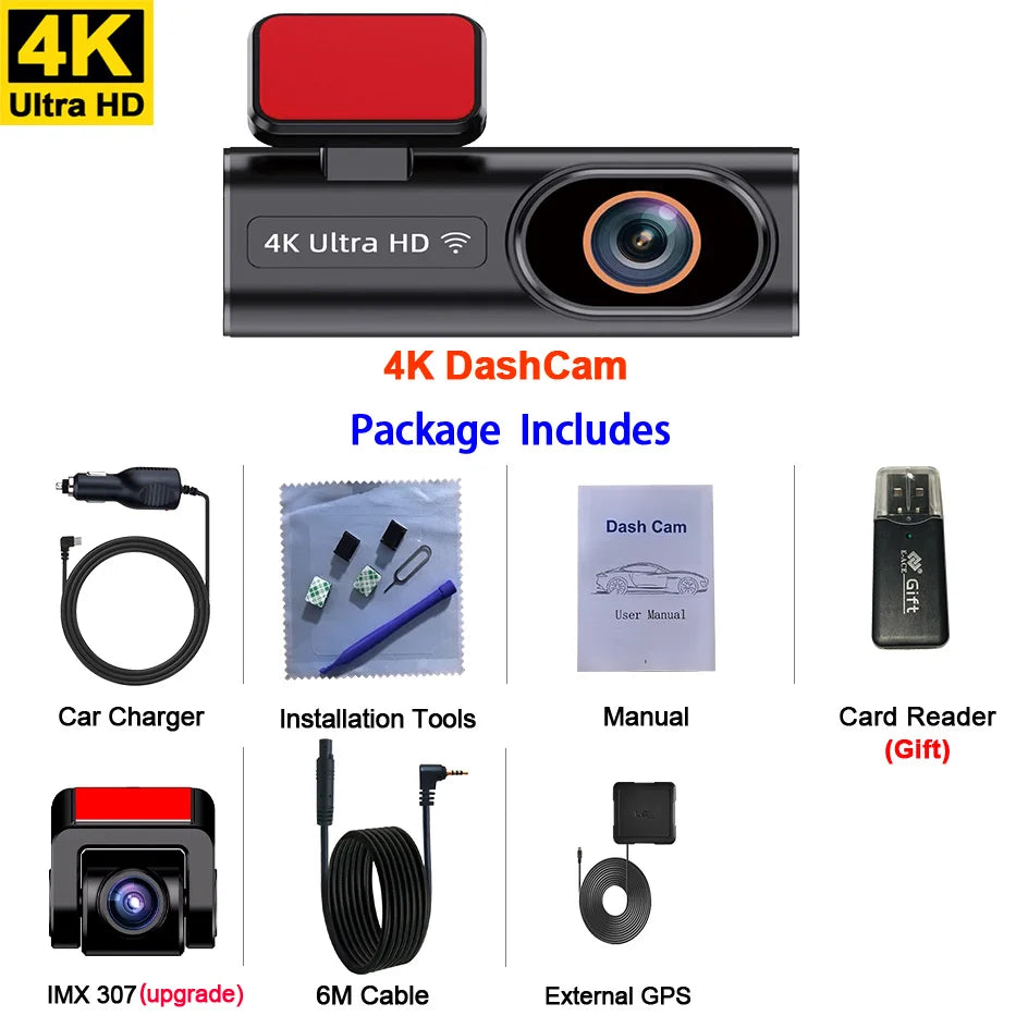 Ultra HD Dash Cam, 4K Loop Recording, Optional 24H Parking Monitoring, 1080P Night Vision, Rear Camera, Supports WiFi App Control