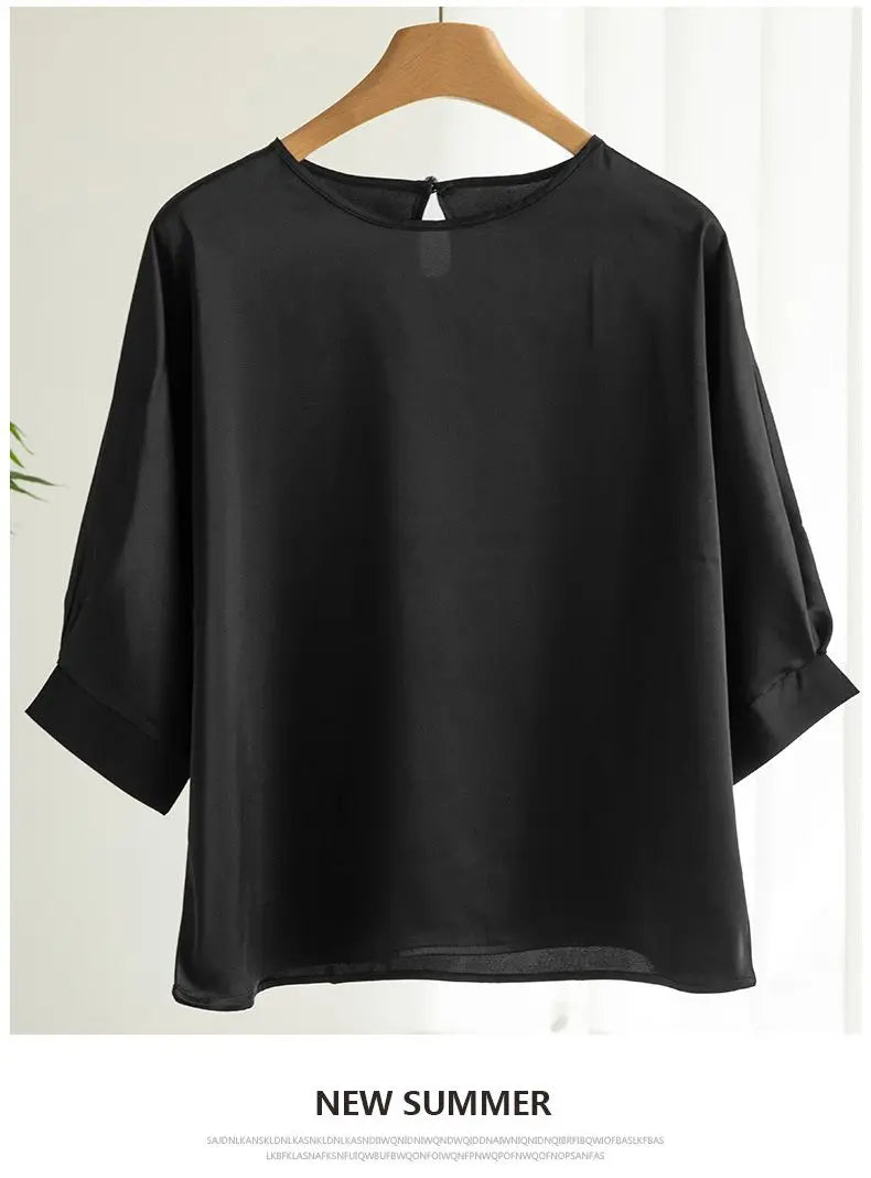 Nouveauté 2026 – T-shirt basique en satin de soie à manches courtes pour femme, col rond, coupe décontractée et légère, chemisier ample pour femme