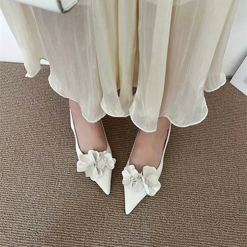 Zapatos de tacón alto para mujer, puntera en pico, destalonados, de oficina, con tacón bajo, rosa, blanco, diseño floral, sexy