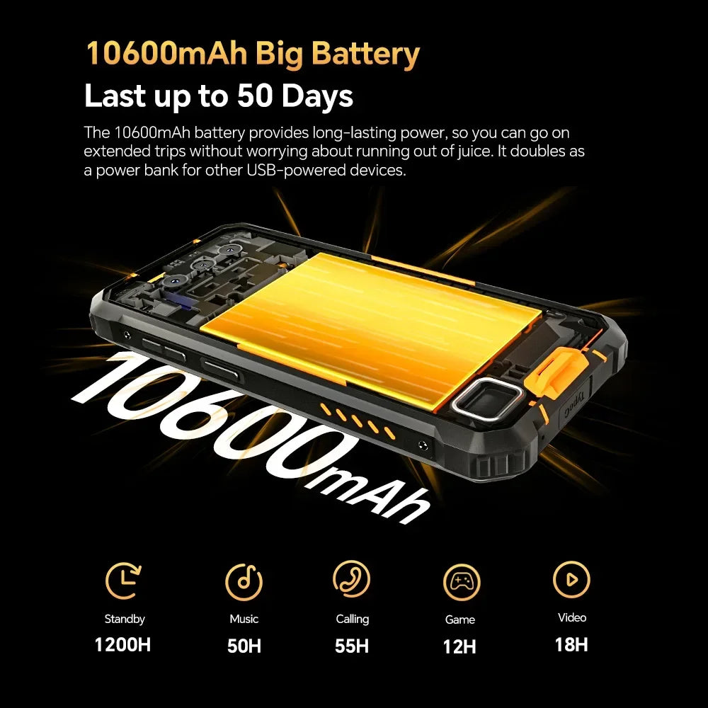 OUKITEL WP23 Plus Rugged Smartphone, Unisoc T606 Octa-Core Processor, 6.52 Inch Screen, 8GB RAM + 256GB Storage, 10600mAh Battery, 13MP Camera, Android 14, NFC.