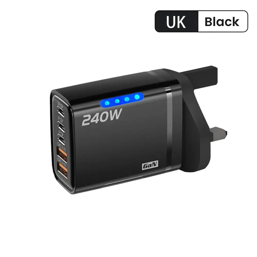 240W 5-in-1 GaN Phone Charger, 10A Fast Charging Adapter, USB to Type-C Cable, 3 PD Ports, 2 USB Ports, for iPhone 16 15 Pro, Xiaomi