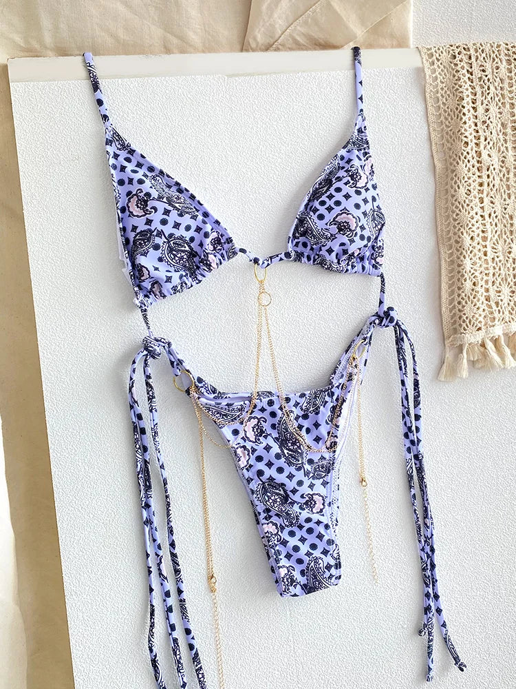 Sexy Triangle chaînes Bikini ensembles Micro tongs maillot de bain femmes maillot de bain Biquini pansements de plage maillot de bain imprimé string Bikini