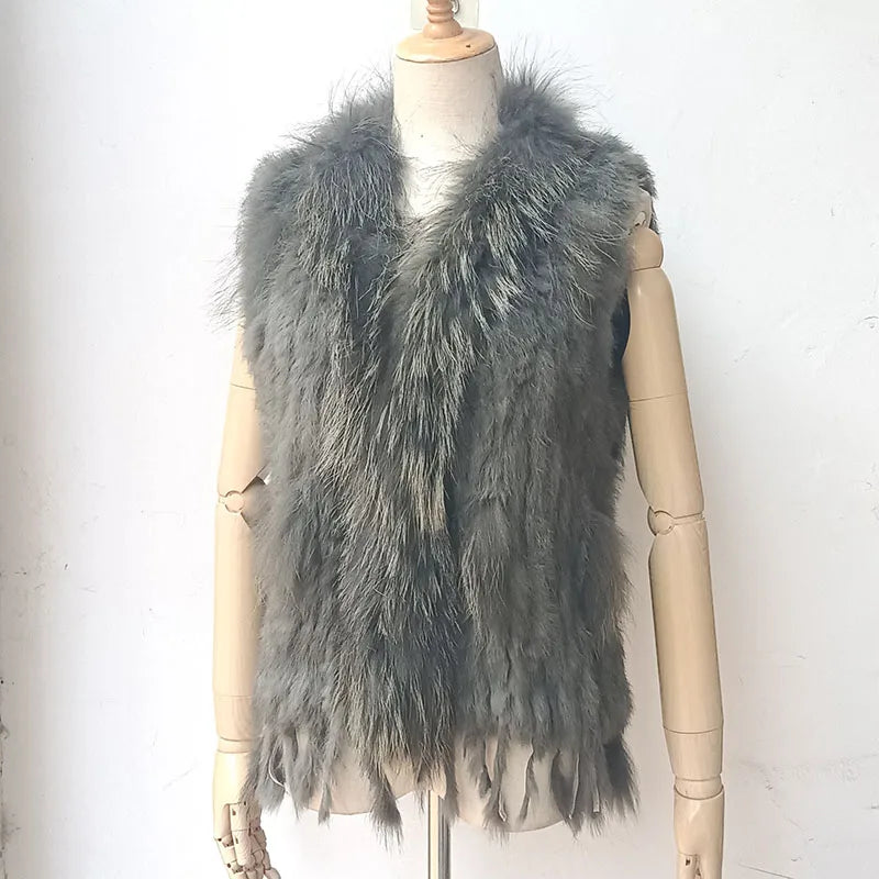 Chaleco de piel de conejo de punto real de otoño de 2025 para mujer, chalecos de piel auténtica cálidos de invierno, chaleco de piel auténtica informal para mujer