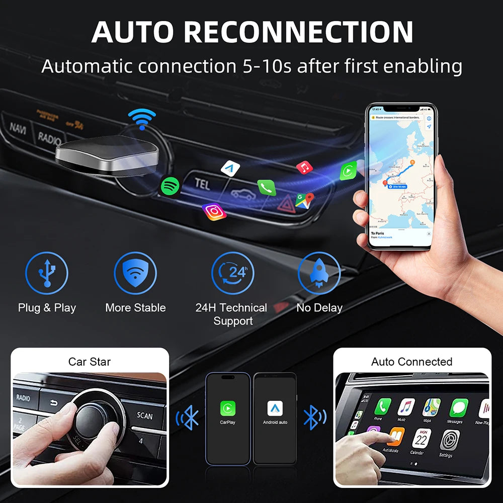Dongle Sans Fil 2 en 1 Voiture — Adaptateur Automatique Boîte IA Filaire Vers Sans Fil