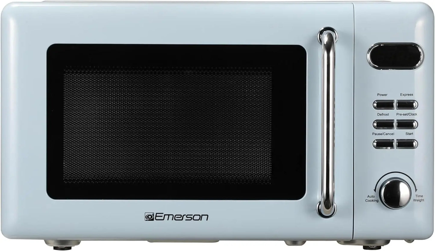 Four à micro-ondes compact rétro — commande par bouton, affichage LED, 700W, 5 niveaux de puissance, 8 menus automatiques, verre