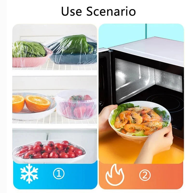 Tapa de comida desechable, 50 unidades, embalaje de plástico, bolsas de plástico para frutas y verduras de grado alimenticio, bolsas de plástico elásticas, organizador de cocina