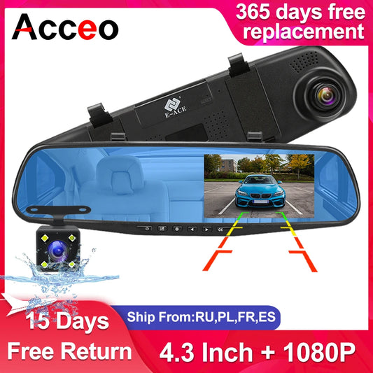 Dashcam 4,3" 1080P Rétroviseur DVR — Double Lentille Caméra Recul Boîte Noire