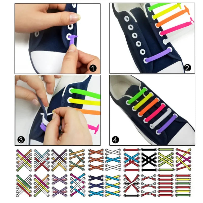 16pcs Lazy Lace Silicone Quick Elastic Lace Women Men No Tie Kids Adults Sneakers Lacing Lace Buckle Shoes Accessories