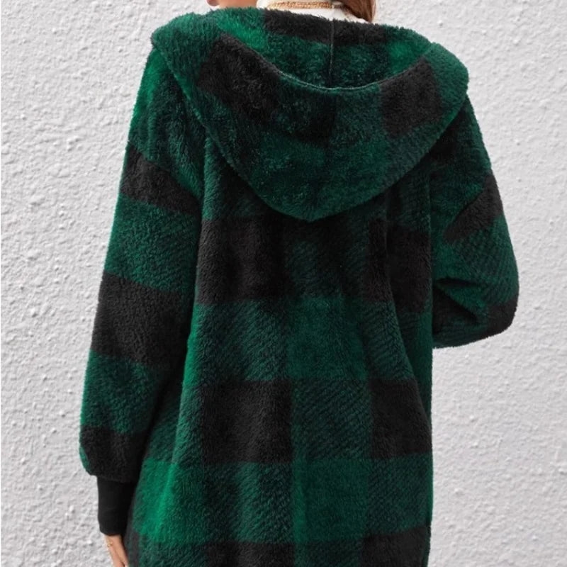 Women's Plaid Double Fleece Cardigan, Soft Loose Long Sleeve Plush Warm Hooded Jacket, Patchwork Outerwear Coat, Autumn Winter