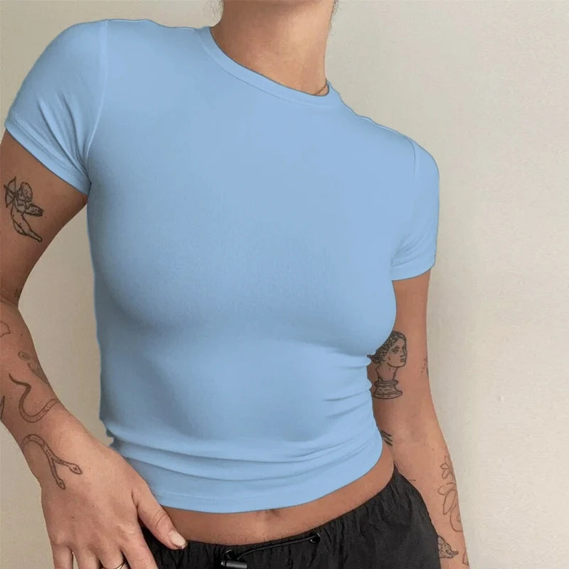Mujer Ropa Camiseta de manga corta Top ajustado para mujer Cuello redondo Tejido Camiseta de tubo Ropa de calle Sexy deportivo 2024 Y2K Nuevo2410