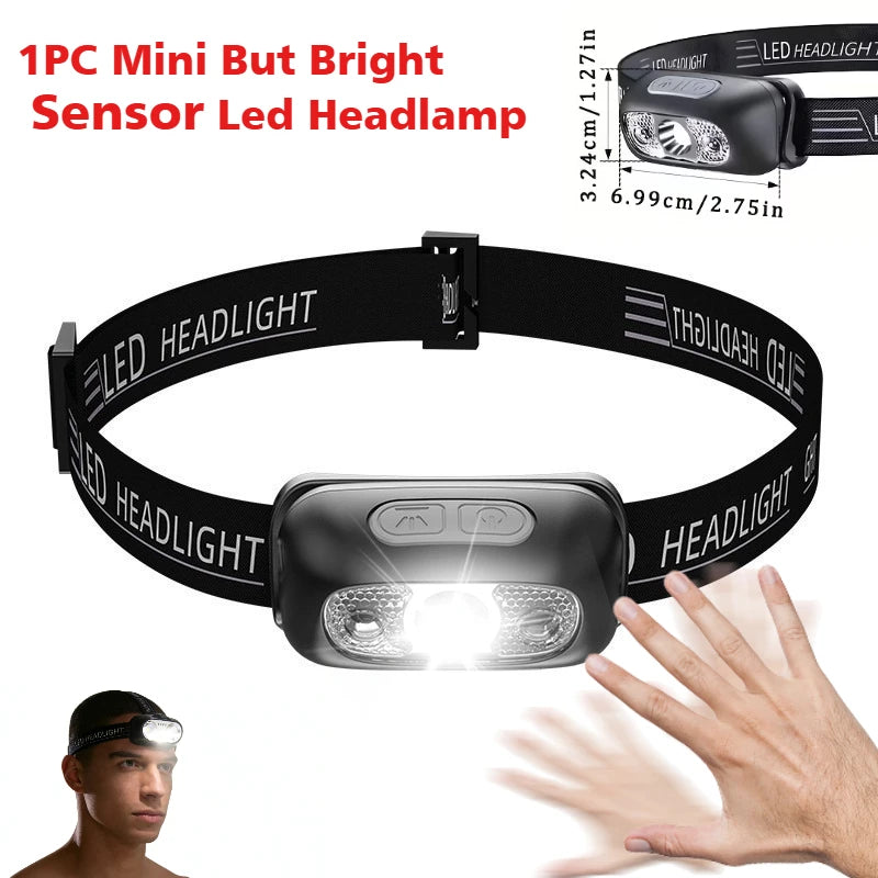 Lampe frontale puissante à LED portable avec capteur, rechargeable par USB, lampe torche frontale pour camping, pêche, lanterne d'urgence
