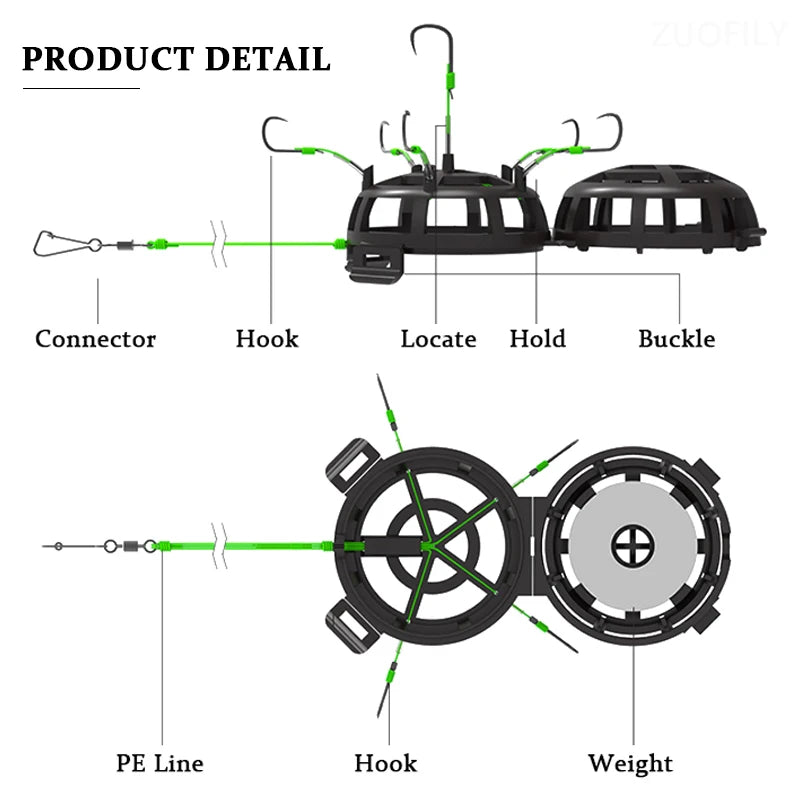 Inverted Bottom Bait Cage, String Hook, Anti-Bottom Fishing Bait Cage, 6 Hooks, PE Line, Group Feeder, Sinkers, Freshwater Fishing