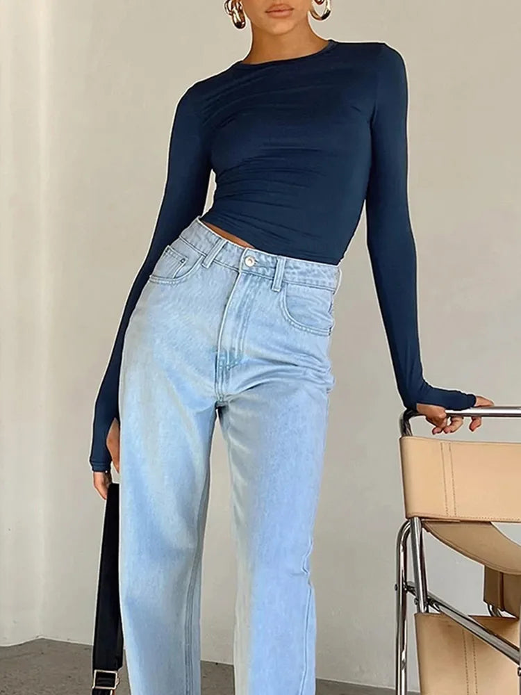 Haut Court Femme Manches Longues Trous Pouces — Streetwear Coupe Ajustée