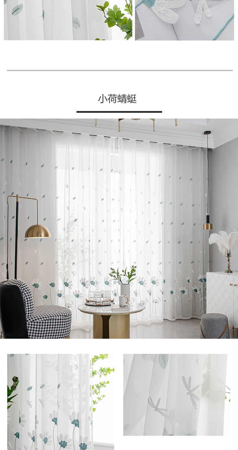 Cortina pequeña de gasa bordada con flores coreanas, para dormitorio y sala de estar, 1 pieza